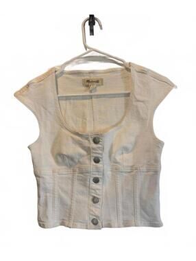 Madewell White Denim Button Front Top Size 2 Structured Corset Style Cropped